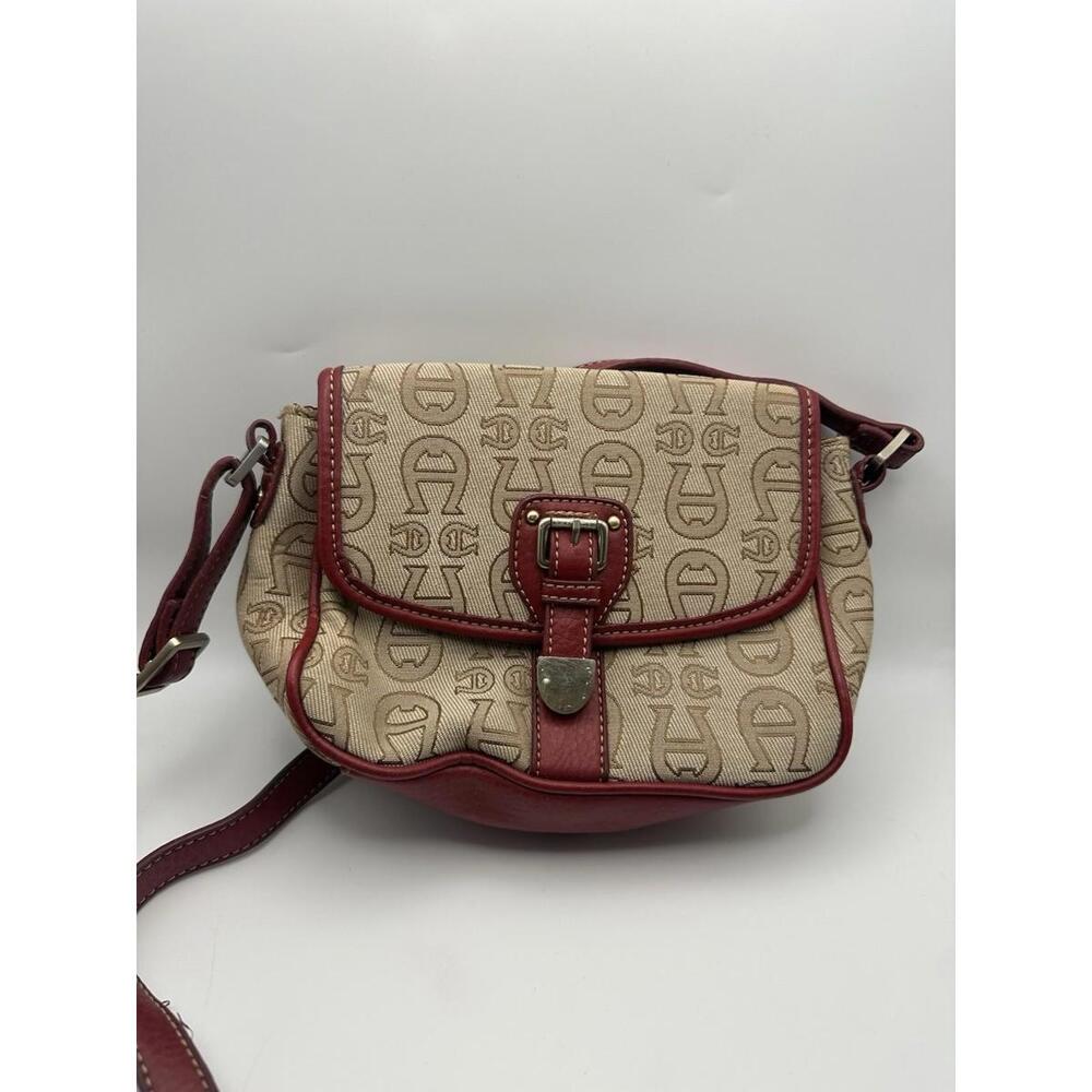 vintage Etienne Aigner tan and red shoulder bag with a monogrammed canvas Leathe